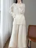 Pantalones de punto de lana pura de talle alto de pierna ancha para mujer, adelgazantes, sueltos, cintura elástica, informales, cropped, Otoño/Invierno 2026