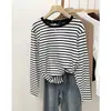 Camiseta de algodón puro estilo coreano insi con cuello redondo para mujer, de manga larga a rayas, para primavera y otoño 2026 otoño/invierno, corte holgado, camiseta básica