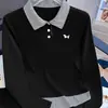 Camiseta de Manga Larga con Solapa a Cuadros Falsa de Dos Piezas Camisa Polo para Mujer Primavera y Otoño 2025 Top Corto de Base con Cintura Plisada