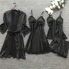 Conjunto de Pijama Sexy Feminino Quatro Peças Estilo Coreano Camisola Pijama Roupa de Casa Feminina com Bojo Camisola Noturna 2103