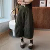 Calça cropped de veludo cotelê verde musgo de perna larga para mulheres, nova coleção outono/inverno 2026, estilo casual e descontraído
