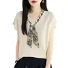 Top de punto de lino helado con cuello en V y manga corta, estilo maduro ligero para mujer, con decoración de bufanda de seda, camiseta top de verano fina, holgada, transpirable, con manga de volantes