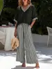 Conjunto de Traje de Algodón y Lino Nuevo de Verano para Mujer Top Holgado de Manga Corta con Cuello en V Pantalones de Pierna Ancha Rayados Conjunto de Dos Piezas Casual Transfronterizo