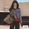 Suéter de Punto con Lazo de Color Contrastante y Botones de Cuerno para Mujer, Suéter Casual Elegante, Top de Punto de Moda que Reduce la Edad, Camisa para Usar como Capa Interior