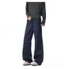 Calça Masculina Xadrez Azul Escuro Retrô Americana Corte Limpo Casual Micro Flare Outono Inverno High Street Calça de Perna Reta Estendida