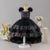 Vestido de Festa com Cauda para Meninas Europeias e Americanas, Saia Rodada de Tule com Lantejoulas Pretas, Vestido de Festa de Aniversário Atacado