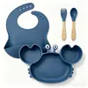 Juego de Alimentación para Bebé de Silicona de 4 Piezas, Plato con Ventosa de Cangrejo, Babero Impermeable, Kit de Vajilla Autoalimentaria Libre de BPA para Niños Pequeños