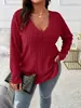 2026 Amazon Otoño e Invierno Nuevo Color Sólido Talla Grande para Mujer Top Cuello en V Manga Larga Camiseta de Canalé Cepillada Suelta Pullover