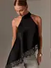 Verano Europeo y Americano Nuevo Estilo Satén Encaje Empalmado Cuello Halter Sin Mangas Cuello Alto Pequeño Nuevo Hombros Descubiertos Irregular Top