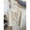 Cárdigan de Punto de Manga Corta con Encaje de Pompones Estilo Coreano para Mujer, Corte Holgado, Adecuado para Primavera, Otoño e Invierno, Estilo Grueso, Para Vestir en Capas, Suéter Corto Exterior