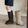 Botas altas hasta la rodilla para mujer hechas de piel de vaca con acabado desgastado, botas de cuero genuino para otoño e invierno, puntera redonda, tacón bajo, estilo slip-on coreano