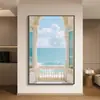 Pintura Decorativa Moderna Simples de Janela Falsa com Paisagem Marinha Pintura de Chão para Parede de Fundo de Sofá Extensão de Espaço Pintura para Pendurar no Quarto