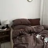 Conjunto de cuatro piezas de algodón puro tejido a rayas de café estilo blogger de Instagram, sábanas, fundas de edredón, ropa de cama de algodón lavado