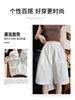 Shorts de Trabalho Lavados com Bainha Completa para Mulheres, Novo Estilo de Verão, Calças de Cintura Alta Wide Leg, Shorts Casuais Soltos de Cinco Pontos