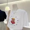 Camiseta de Manga Corta de Algodón Puro con Estampado de Oso de Dibujos Animados Estilo Coreano para Mujer, Cuello Redondo, Corte Holgado, Adelgazante, Versátil, Top que Reduce la Edad
