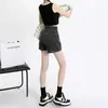 Shorts de Mezclilla Negros Grises Rizados para Mujer Verano Cintura Alta Sueltos Retro Línea A Pierna Recta Pierna Ancha Pantalones Cortos