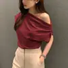 Top Coreano Chic Verano Nuevo Nicho Diseño Asimétrico de Hombro Caído Suelto Color Puro Jersey Camiseta de Manga Corta