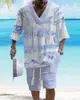 Produto Novo Temu Transfronteiriço Camiseta Jacquard Estampa 3D Conjunto de Shorts Esportivo Masculino Gola V Grande