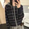 Cardigan suéter listrado color block com capuz para mulheres, nova coleção outono/inverno 2026, malha de outer wear com estilo solto e relaxado