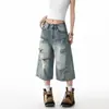 Jeans Rasgado Cropped Estilo Streetwear Retrô Americano para Mulheres, Fino de Verão Novo Estilo, Calça Versátil Solta Reta de Perna Larga Comprimento Médio