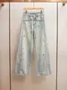 Jeans Feminino Longo de Perna Larga, Cintura Alta, Linha A, Versátil, Resistente, Adornado com Strass, Lançamento Primavera, Moda Feminina de Alta Qualidade, Shenzhen Nanyou