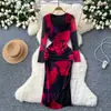 Vestido Femenino 2024 Nuevo de Alta Gama Cuello Cuadrado Cintura Plisada Ajustado Base de Malla Estampada Falda