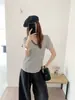 Camiseta de Verano 2026 de Lino Acetato Huevo de Ganso Cuello en U Manga Corta para Mujer Lyocell Tencel Fresca y Transpirable Camiseta Base