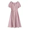 Vestido com Cinto de Pérolas Destacável Elegante Plus Size para Mulheres, Novo Estilo Verão 2026, Vestido de Comprimento Médio com Decote Redondo e Recortes 265015