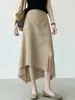 Moda Feminina Verão 2026 Nova Saia de Linho Cáqui Cintura Alta Emagrecedora Plus Size Fenda Elegante com Detalhe de Renda