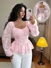 Blusa floral de jacquard para mujer transfronteriza, nuevo estilo de primavera, escote cuadrado, mangas abullonadas, espalda fruncida, dobladillo con volantes y cintura ajustada