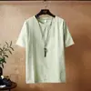 Estilo Chino de Verano Color Sólido Lino Manga Corta Ropa de Verano para Hombre Algodón Lino Seda de Hielo Camiseta Estilo Japonés para Hombre Holgada Media Manga