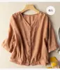 Top de Algodón de Siete Mangas Otoño Delgado Transpirable Camisa Primavera y Verano Estilo Retro talla extra Cuello en V Top Corto