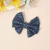 Grampo de Cabelo Azul Denim com Lantejoulas e Laço, Presilha BB com Bolinhas e Coração Estilo Menina, Grampo Lateral Estilo Coreano