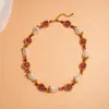Conjunto de Joias de Luxo Leve de Alta Qualidade Europeu e Americano Transfronteiriço com Flores Incrustadas de Diamante Vermelho, Brincos de Pérolas com Contas, Colar e Pulseira para Mulheres