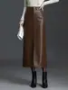 Saia autêntica de couro genuíno Haining para mulheres, coleção outono/inverno 2026, estilo coreano, saia de comprimento médio em pele de ovelha com fenda, design justo ao corpo, moderna