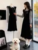 Vestido feminino falso duas peças estilo academia, nova coleção outono e inverno, com gola de lapela, elegante, acinturado, emagrecedor, vestido longo de tricô