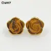 Pendientes con Textura Flor de Rosa Tridimensional Tallada Piedra Preciosa Cristal Rosa Ojo de Tigre Chapado en Oro de 18 Quilates para Accesorios de Mujer