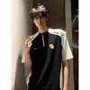 Camiseta de Estilo Jersey Americano Vintage para Hombre, Camisa Polo de Verano con Media Cremallera, Patchwork de Manga Corta, Manga Corta para Deportes al Aire Libre