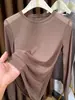Gris Delgado Pequeño Cuello Redondo Malla Base Superior Mujer Manga Larga 2026 Nuevo Lentejuela Hueco Elegante Ropa Interior Encaje Mujer