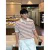 Novo Top de Malha Listrado de Manga Curta Estilo Old Money 26 Masculino Verão Fino Respirável Gola Lapela Meia-Manga Estilo Coreano Roupa para o Dia a Dia