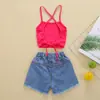 Traje de Verano para Niñas Transversal con Estampado de Letras Shorts de Mezclilla para Niñas