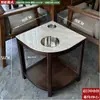 Mesa de Café Mahjong de Gama Alta con Forma de Abanico para Hotel Madera Maciza Placa de Roca Pequeño Estante de Almacenamiento Sala de Ajedrez y Cartas Estante para Agua de Té Especial para Casa de Té Antiescaldado