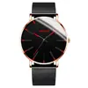 Relógio Masculino de Quartzo com Detalhe Azul Minimalista, Pulseira Ultra-Fina de Metal em Malha, Relógio de Pulso Casual para Negócios