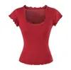 Camiseta de manga corta de Tencel, puramente seductora, cuello en U, borde ondulado, nuevo estilo de verano, versátil, corte ajustado, adelgazante, top base de color liso para mujer