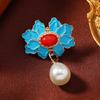 Nuevo Pin Hebilla Flor Azul Quemado Esmalte Hoja de Arce Turquesa Imitación Colgante Perla Insignia Pin Anti-Exposición Chal