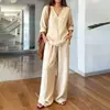 2026 Ropa Femenina Transfronteriza Europea y Americana Casual Color Sólido Cuello en V Suéter Manga Larga Top Holgado Pantalones Largos de Pierna Ancha Conjunto de Dos Piezas