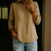 2026 Nova Blusa Fashion de Algodão e Linho com Manga Longa, Decote V e Botões para Loja Independente Amazon