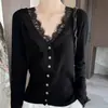 Novo cardigã de lã com mangas compridas e detalhes em renda, top para o início do outono para mulheres, malha estilo francês, top estiloso