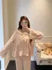 Novos pijamas de veludo ilha dupla face para outono para mulheres, nova renda cor sólida manga longa calça longa gola boneca para casa, estilo doce
