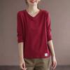 2021 Nova Camiseta Feminina Manga Longa Cor Sólida Decote Em V Tamanho Grande Solta Slim Base Camisa Top da Moda